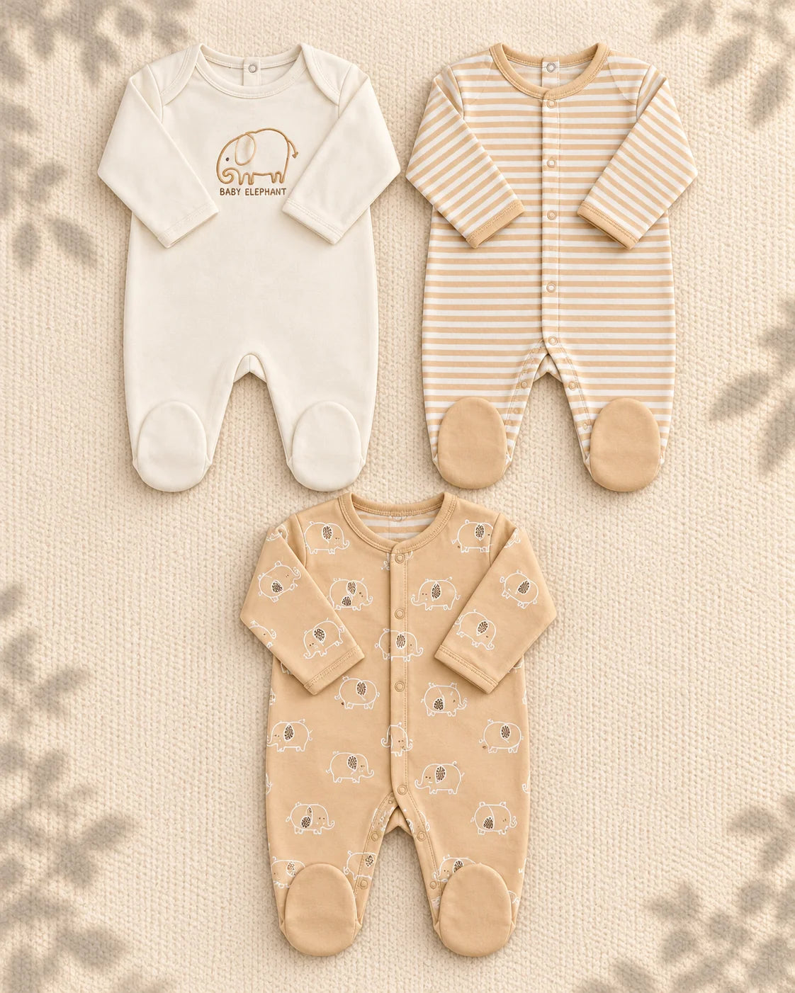 Pack of 3 - Full Sleeves - Footed Sleep Suits - Elephant