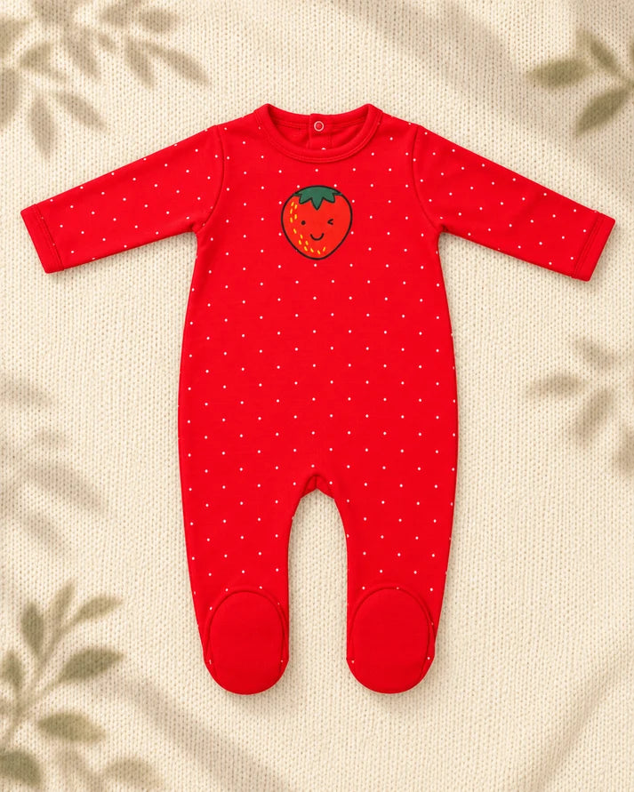 Pack of 3 - Full Sleeves - Footed Sleep Suits - Strawberry
