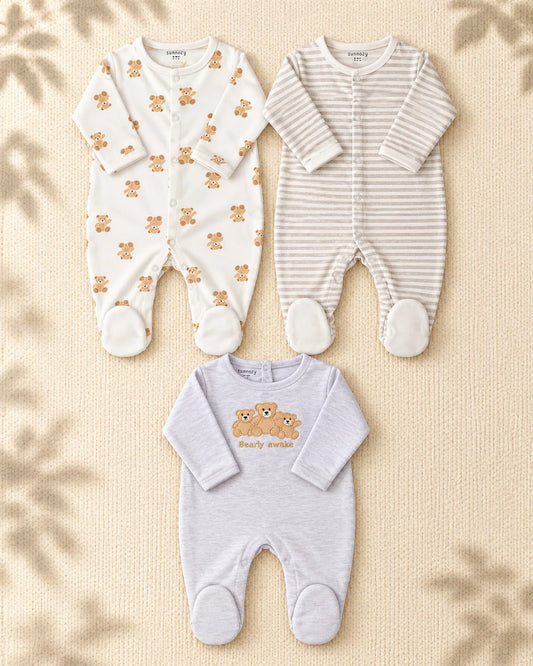 Pack of 3 - Full Sleeves - Footed Sleep Suits - Bearly Bear