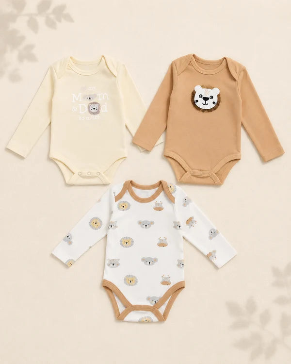 Pack of 3 Full Sleeve Bodysuits - Lion & koala - 008