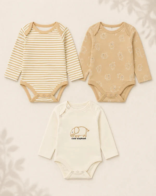 Pack of 3 Full Sleeve Bodysuits - Elephant - 009