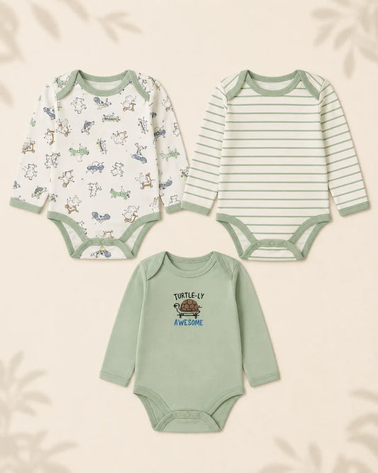 Pack of 3 Full Sleeve Bodysuits - Green Turtle - 010