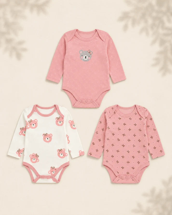 Pack of 3 Full Sleeve Bodysuits - Pink Bear - 011