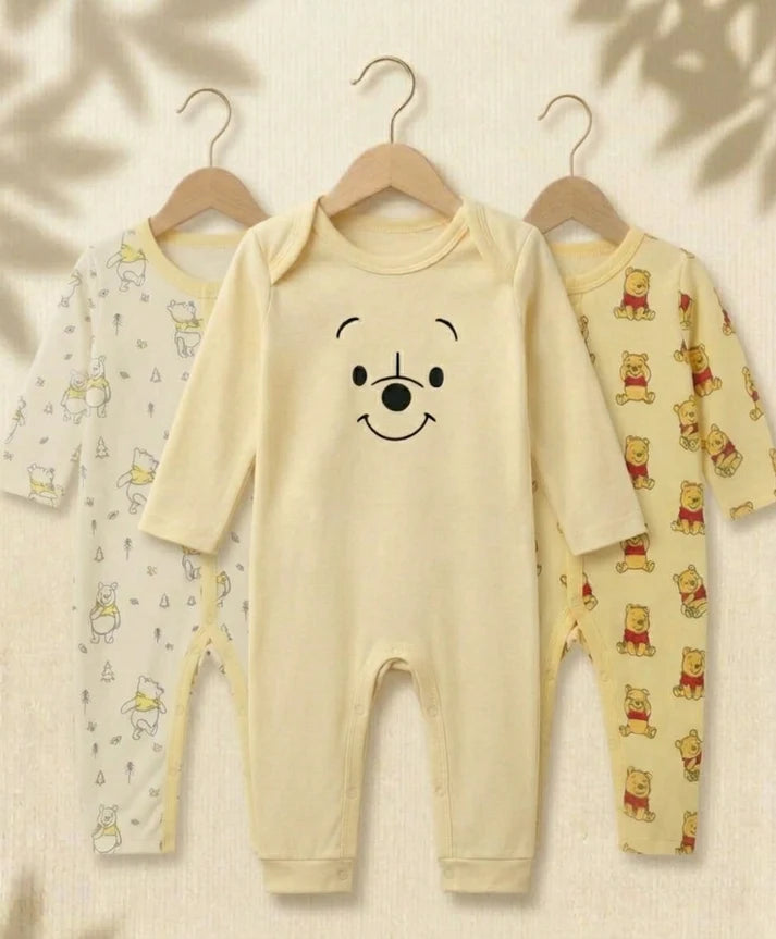 Pack of 3 - Full Sleeves - Sleep Suits - Yellow pooh