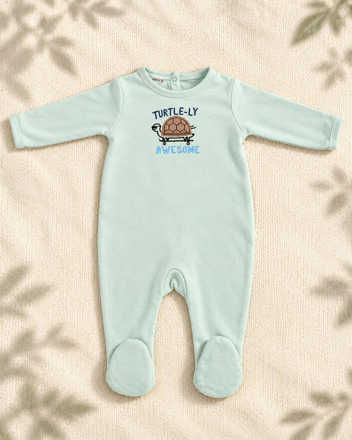 Pack of 3 - Full Sleeves - Footed Sleep Suits - Green Turtle