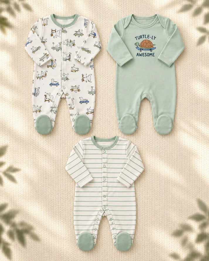 Pack of 3 - Full Sleeves - Footed Sleep Suits - Green Turtle