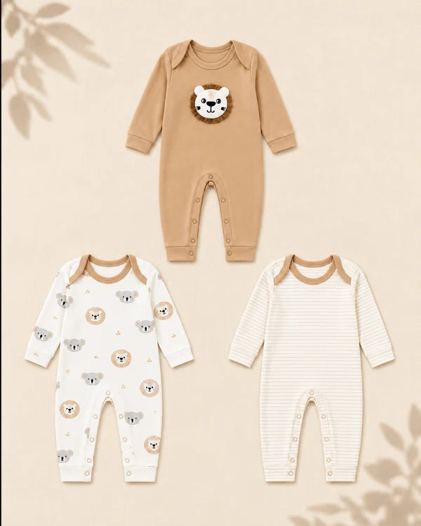 Pack of 3 - Full Sleeves - Sleep Suits - Lion and Koala