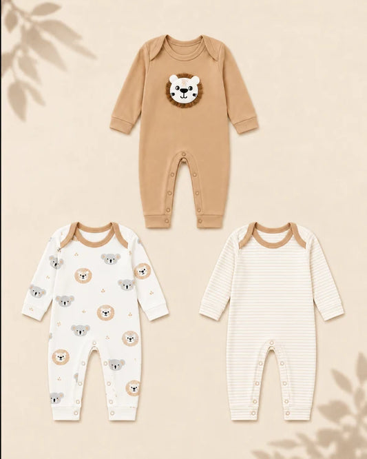 Pack of 3 - Full Sleeves - Sleep Suits - Lion and Koala