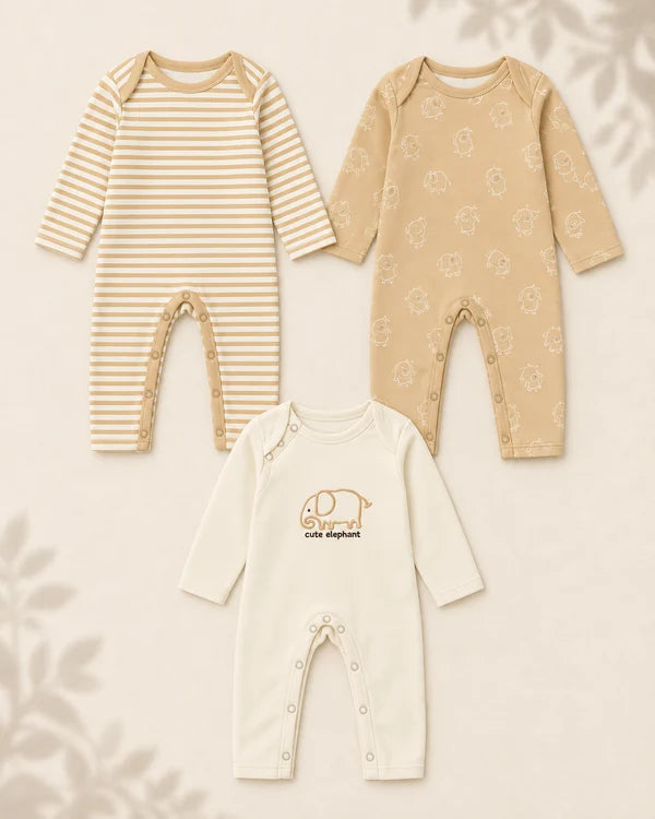 Pack of 3 - Full Sleeves - Sleep Suits - Elephant
