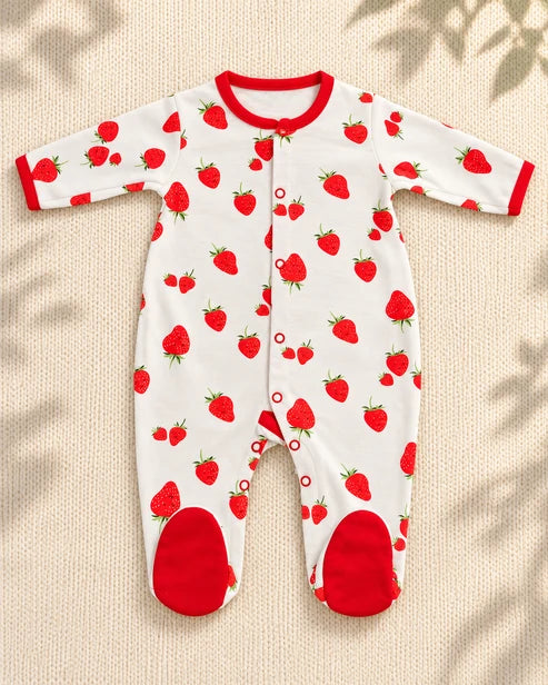 Pack of 3 - Full Sleeves - Footed Sleep Suits - Strawberry