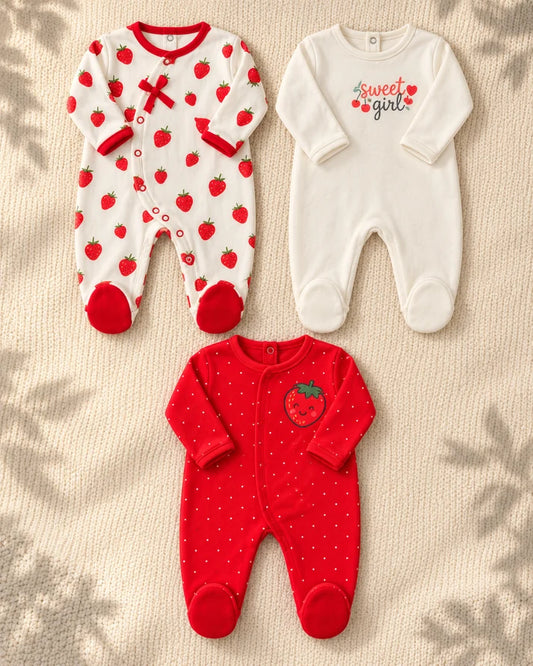 Pack of 3 - Full Sleeves - Footed Sleep Suits - Strawberry