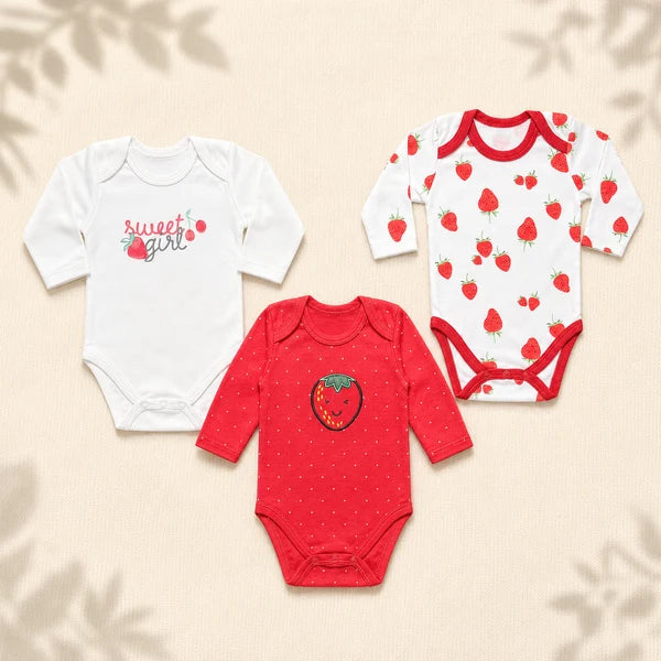 Pack of 3 Full Sleeve Bodysuits - Strawberry - 007